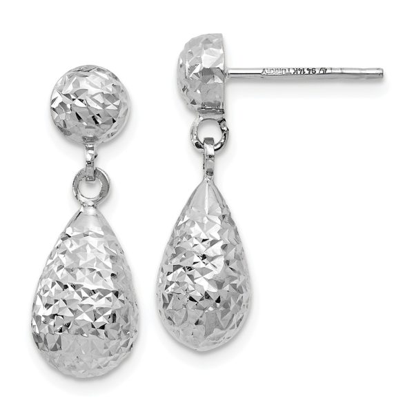 Diamond Cut Teardrop Post Dangle Earrings in 14k White Gold, 20mm