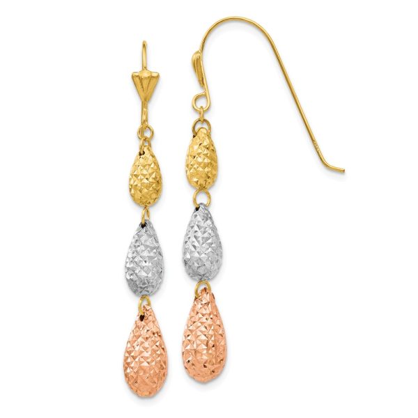 Diamond Cut Triple Teardrop Dangle Earrings in 14k Tri Color Gold