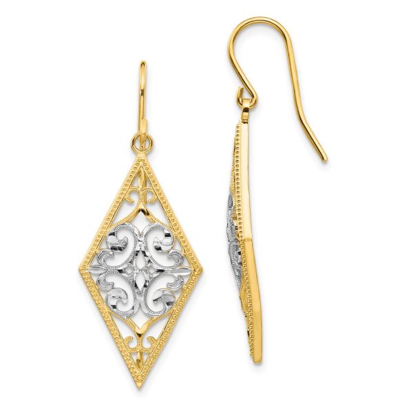 Diamond Shape Filigree Dangle Earrings in 14k Yellow Gold and Rhodium