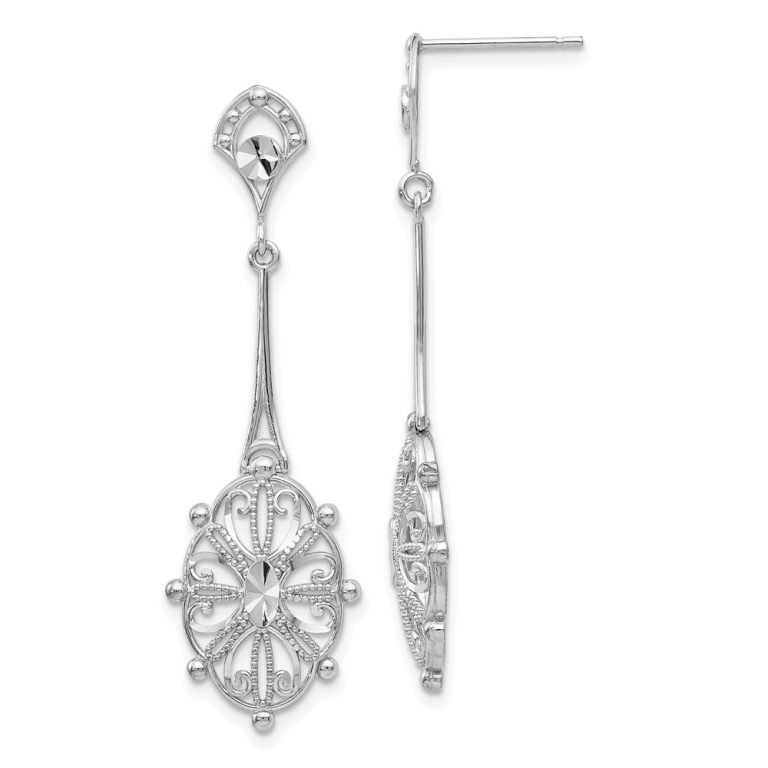 Diamond-cut Filigree Dangle Earrings in 14k White Gold