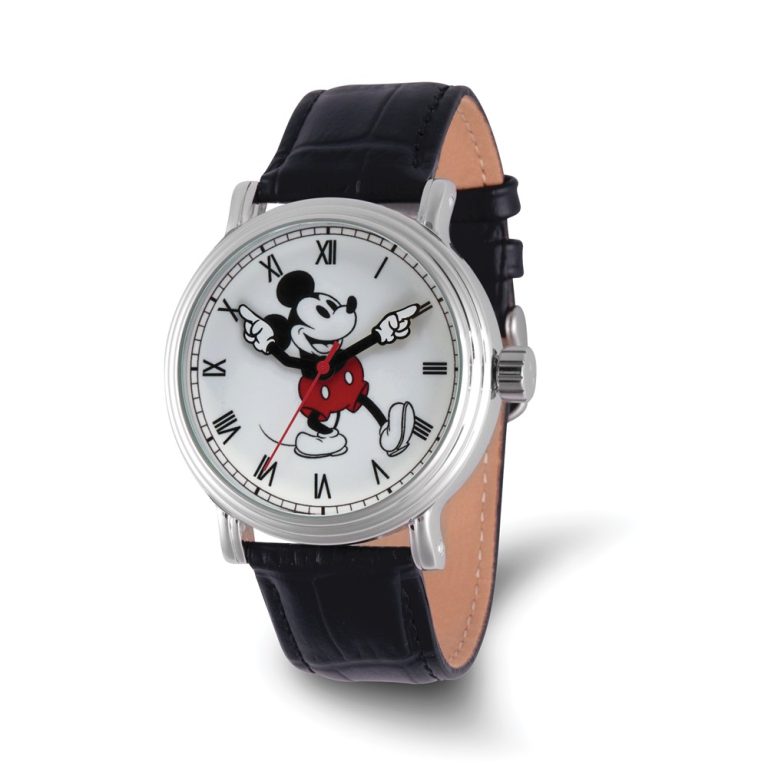 Disney Adult Moving Arms Mickey Mouse Black Leather Band 44mm Watch