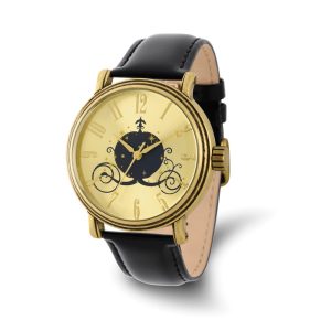 Disney Ladies Antique Gold-tone Coach Black Leather Watch