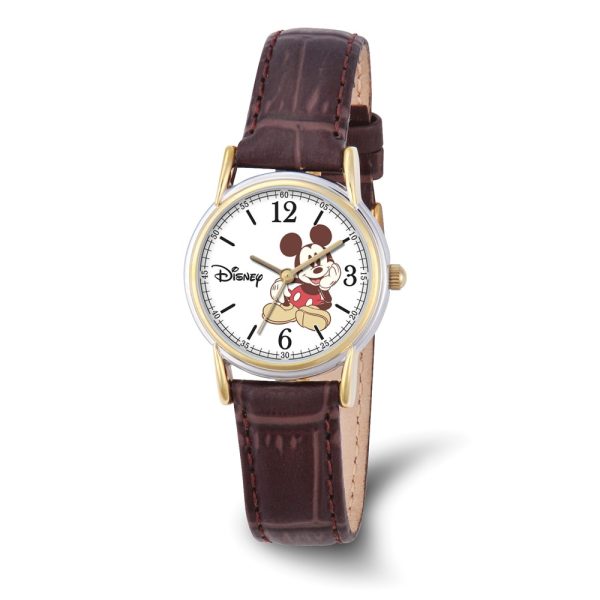 Disney Ladies Brown Leather Strap Mickey Mouse Two Tone 27mm Watch