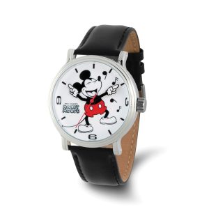 Disney Ladies Laughing Mickey Mouse Black Leather Band Watch