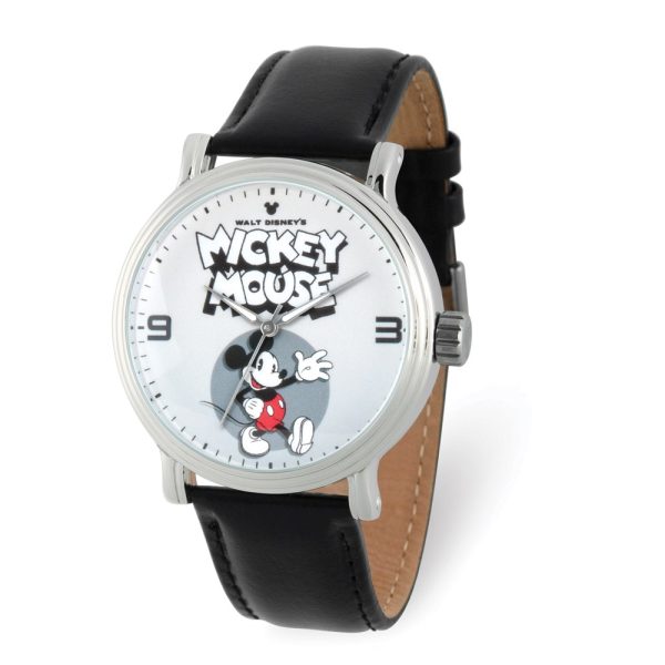 Disney Ladies Mickey Mouse Black Leather Band 44mm Watch