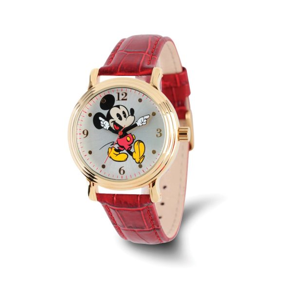 Disney Ladies Size Red Mickey Mouse w/Moving Arms Gold-tone Watch