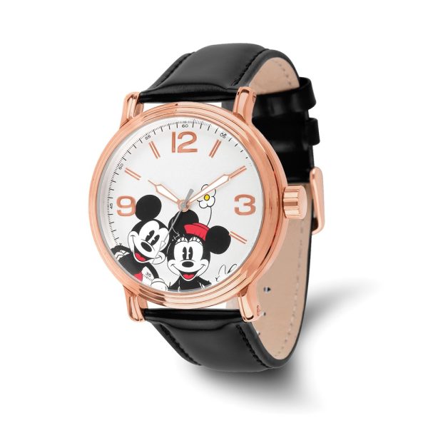 Disney Ladies Size Rose-tone Black Leather Mickey/Minnie Watch