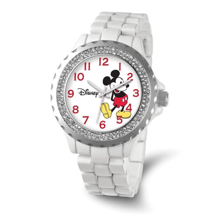 Disney Ladies Size White Band w/ Crystal Bezel Mickey Mouse Watch