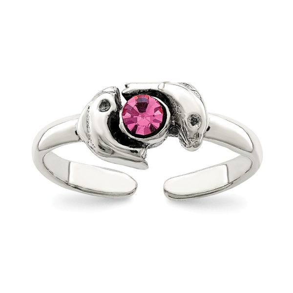 Dolphin and Pink Cubic Zirconia Toe Ring in Antiqued Sterling Silver