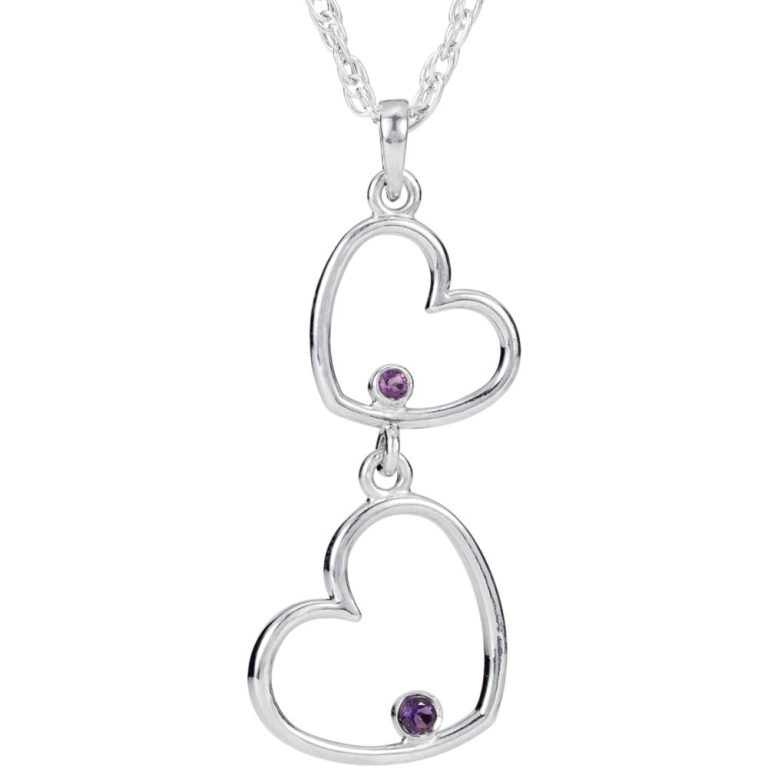 Double Heart Amethyst Necklace in Sterling Silver, 18 Inch