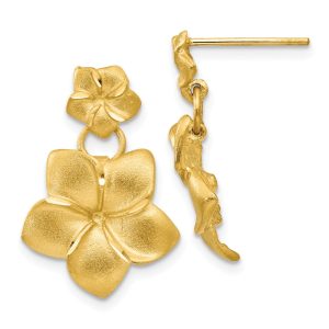 Double Satin Plumeria Dangle Post Earrings in 14k Yellow Gold