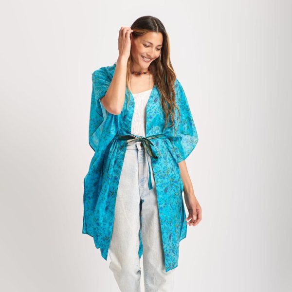 Eluroom - Neem - Vintage Silk Sari Aquamarine Floral Kimono Style Wrap Dress