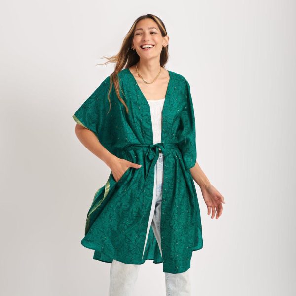 Eluroom - Neem - Vintage Silk Sari Emerald Green Floral Kimono Style Wrap Dress