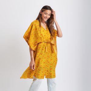 Eluroom - Neem - Vintage Silk Sari Tumeric Geo Print Kimono Style Wrap Dress