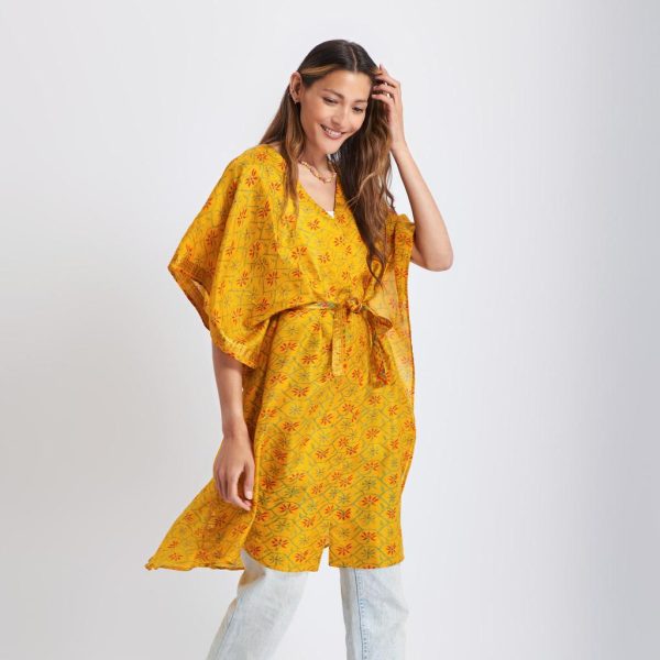 Eluroom - Neem - Vintage Silk Sari Tumeric Geo Print Kimono Style Wrap Dress