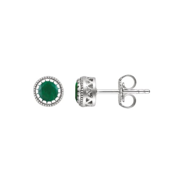 Emerald May Birthstone 8mm Stud Earrings in 14k White Gold