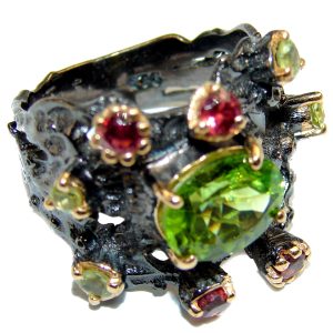 Energizing genuine Peridot Garnet black rhodium over .925 Sterling Silver handcrafted Ring size 7 3/4