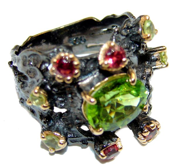 Energizing genuine Peridot Garnet black rhodium over .925 Sterling Silver handcrafted Ring size 7 3/4