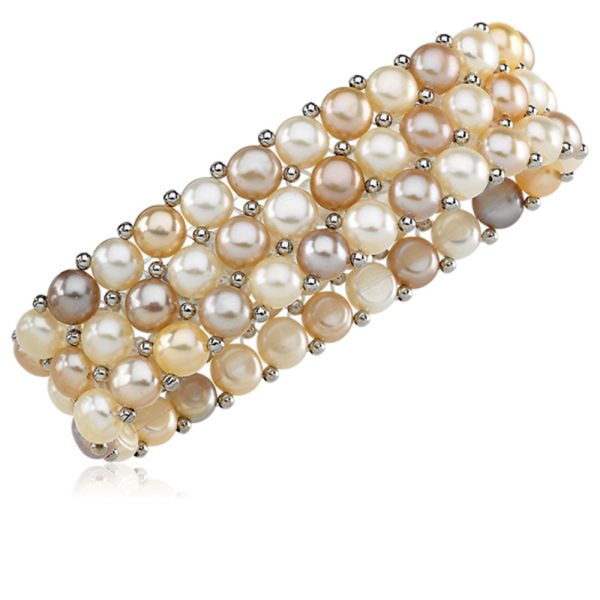 FW Cultured Natural Button Pearl & Silver Bead Stretch Bracelet (6mm)