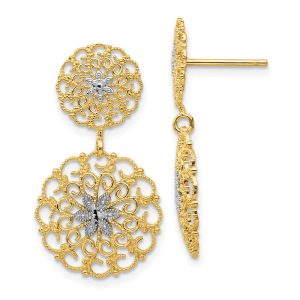 Filigree Medallion Drop Earrings in 14k Yellow Gold and Rhodium