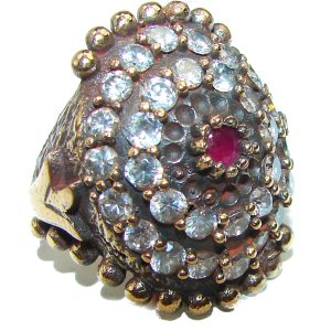 Floral Design Ruby 2 tones .925 Sterling Silver handcrafted ring; s. 6