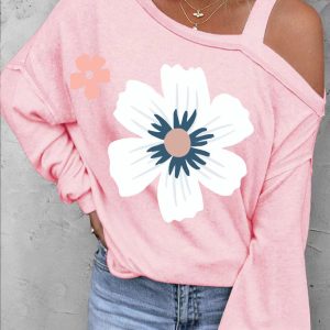 Floral Print One Shoulder Sweatshirt for Women Long Sleeve Pullover Tops