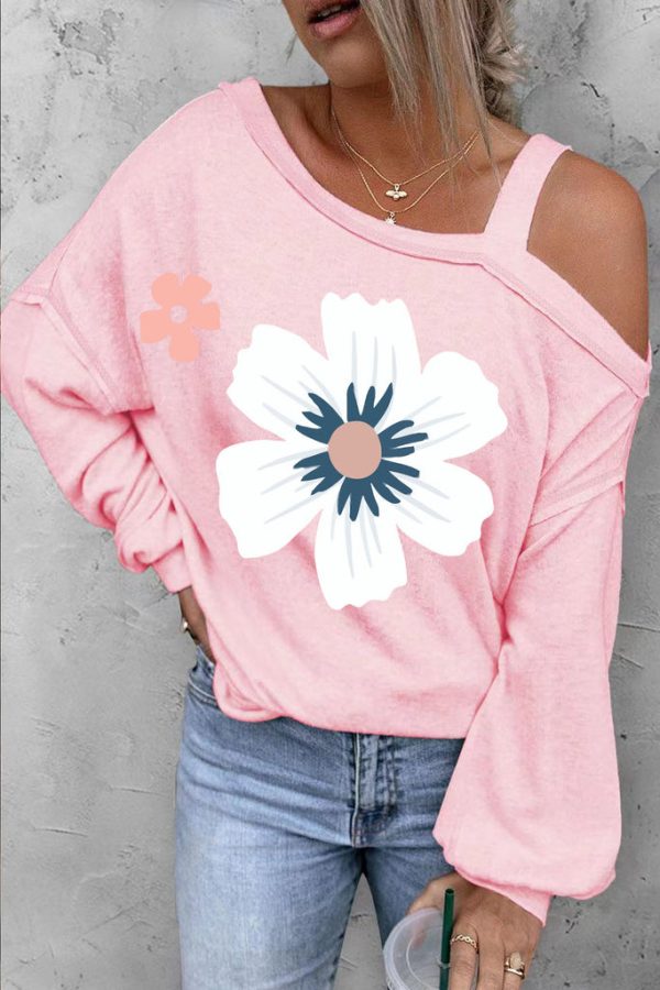 Floral Print One Shoulder Sweatshirt for Women Long Sleeve Pullover Tops