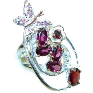 Floral design Garnet .925 Sterling Silver handmade Ring size 7 1/2