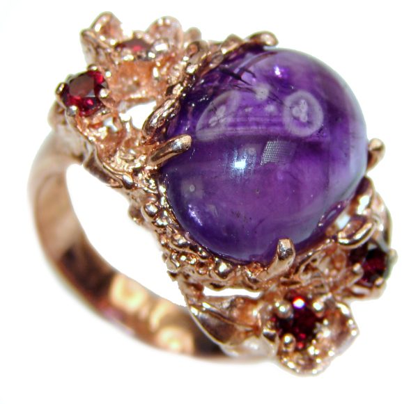 Floral design genuine Amethyst Rose Gold over .925 Sterling Silver handcrafted Ring size 7 1/4