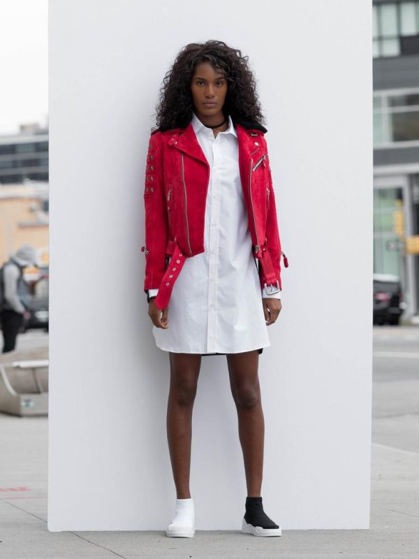 Frank Debourge - Red Suede Biker Jacket With Detachable Black Shearling Collar