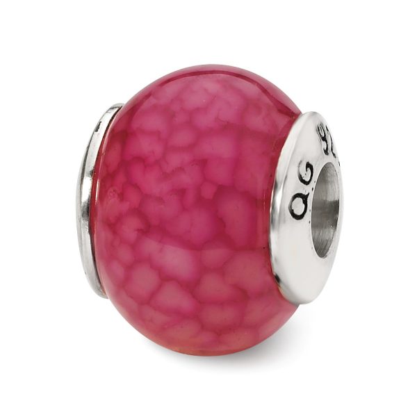 Fuchsia Cracked Agate Stone & Sterling Silver Bead Charm, 13mm