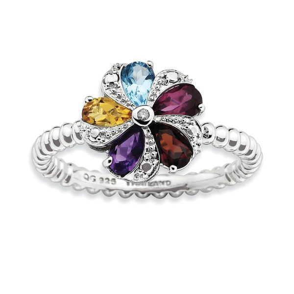 Gemstone, 1pt Diamond & Sterling Silver 11mm Flower Ring, Size 5