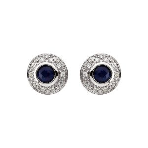 Genuine Sapphire & Diamond Halo Style Post Earrings in 14k White Gold