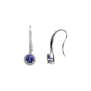 Genuine Tanzanite & Diamond Round Dangle Earrings in 14k White Gold