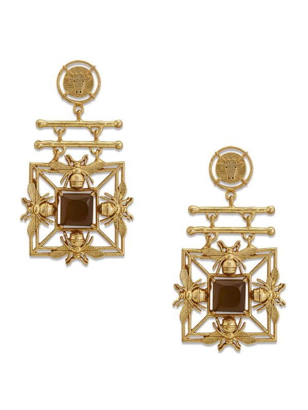 Gold Mori Earrings With Beer Quartz By Dhwani Bansal - Brown