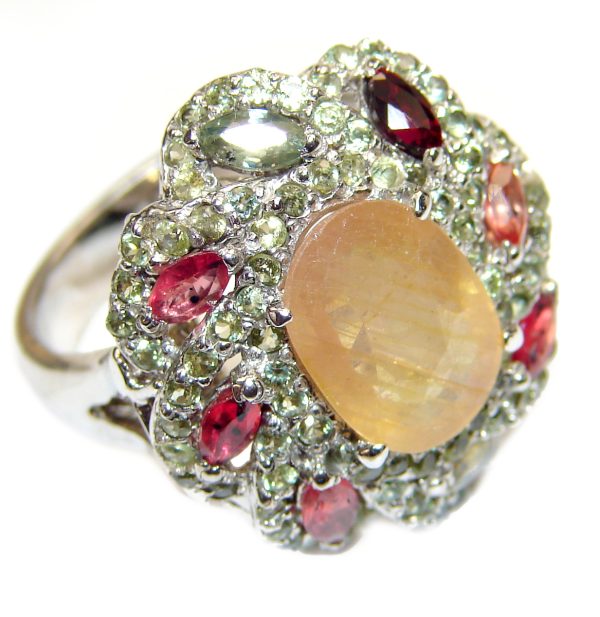 Golden Rutilated Quartz multicolor Sapphire .925 Sterling Silver handcrafted Ring Size 9 3/4