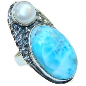 HUGE Natural Larimar Pearl .925 Sterling Silver handcrafted Ring s. 8 adjustable