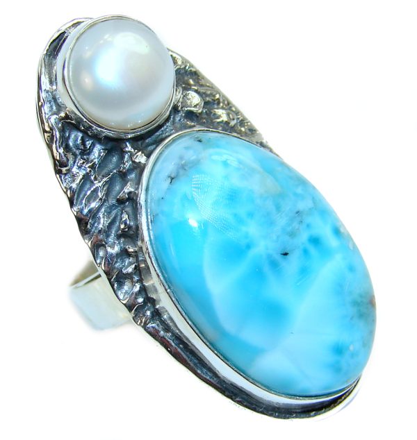 HUGE Natural Larimar Pearl .925 Sterling Silver handcrafted Ring s. 8 adjustable