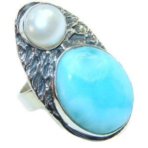 HUGE Natural Larimar Pearl .925 Sterling Silver handcrafted Ring s. 8 adjustable