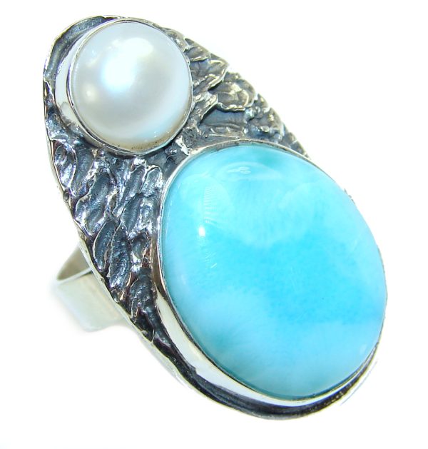 HUGE Natural Larimar Pearl .925 Sterling Silver handcrafted Ring s. 8 adjustable