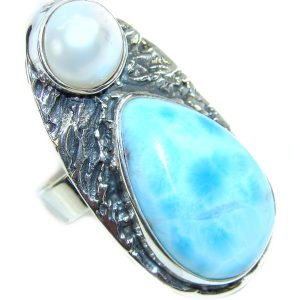 HUGE Natural Larimar Pearl .925 Sterling Silver handcrafted Ring s. 8 adjustable