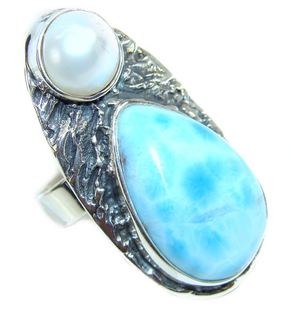 HUGE Natural Larimar Pearl .925 Sterling Silver handcrafted Ring s. 8 adjustable