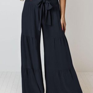 High Waisted Belted Wide Leg Pants Printed Palazzo Pants for Women