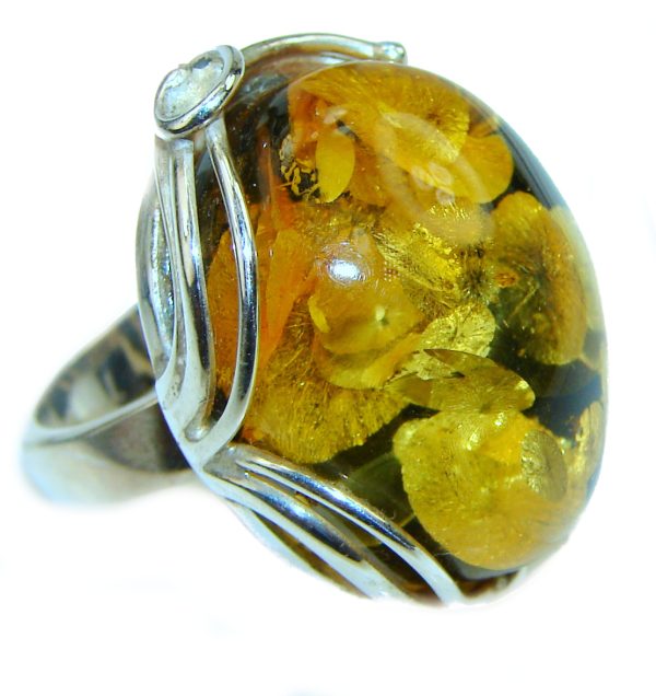 Huge Authentic Baltic Amber .925 Sterling Silver handcrafted ring; s. 7 adjustable