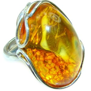 Huge Authentic Baltic Amber .925 Sterling Silver handcrafted ring; s. 8 adjustable