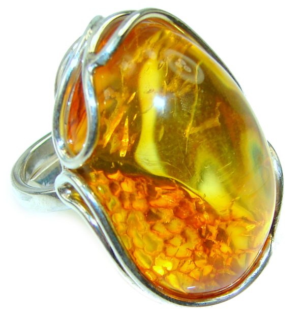 Huge Authentic Baltic Amber .925 Sterling Silver handcrafted ring; s. 8 adjustable