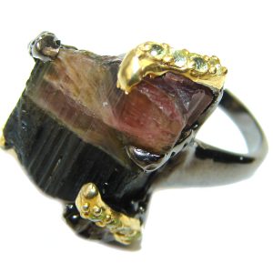 Huge Authentic Rough Tourmaline over 2 tones .925 Sterling Silver Ring size 7 1/4