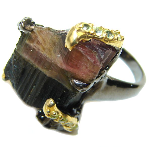 Huge Authentic Rough Tourmaline over 2 tones .925 Sterling Silver Ring size 7 1/4