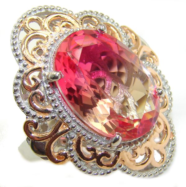 Huge Top Quality Volcanic Pink Tourmaline 18 K Gold over .925 Sterling Silver handcrafted Ring s. 7 1/4