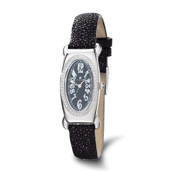 Ladies, Charles Hubert, Black Leather Textured Band, Diamond Watch